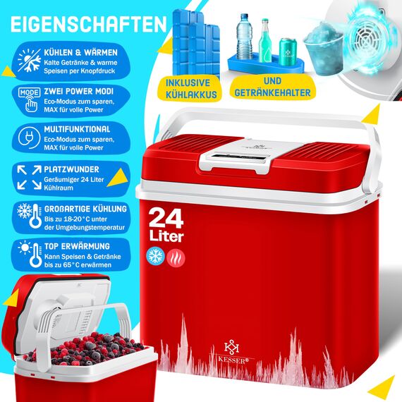 KESSER® 24 Liter Kühlbox | KÜHLT und WÄRMT | Thermo-Elektrische Kühlbox | inklusive 2X Kühlakku & Getränkehalter | 12 Volt und 230 Volt | Mini-Kühlschrank | für Auto und Camping | EEK E | Rot