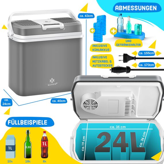 KESSER® 24 Liter Kühlbox | KÜHLT und WÄRMT | Thermo-Elektrische Kühlbox | inklusive 2X Kühlakku & Getränkehalter | 12 Volt und 230 Volt | Mini-Kühlschrank | für Auto und Camping | EEK E | Grau