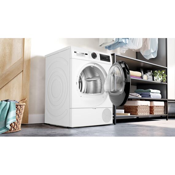 Bosch WQG243D41 Serie 6, Wärmepumpentrockner 9 kg, Extra Kurz Trockenprogramm, Halbe Beladung Option, Auto Dry, Easy Clean Filter, Sensitive-Drying-System, Trommelreversierung, Innenbeleuchtung, Weiß