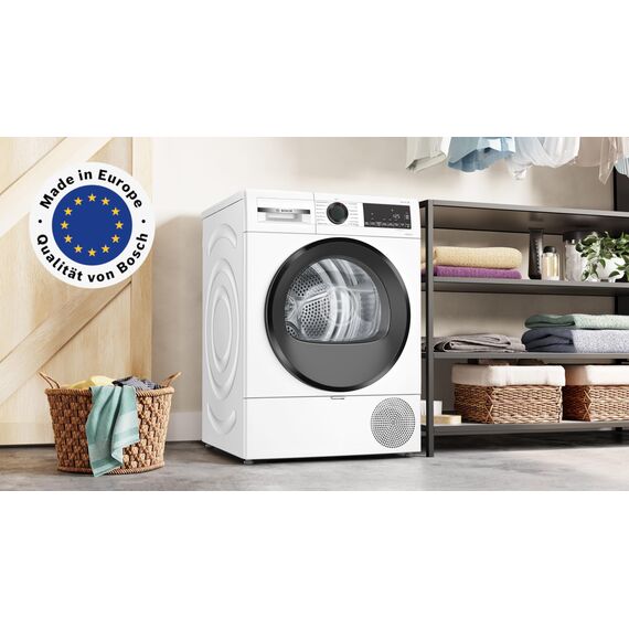 Bosch WQG243D41 Serie 6, Wärmepumpentrockner 9 kg, Extra Kurz Trockenprogramm, Halbe Beladung Option, Auto Dry, Easy Clean Filter, Sensitive-Drying-System, Trommelreversierung, Innenbeleuchtung, Weiß