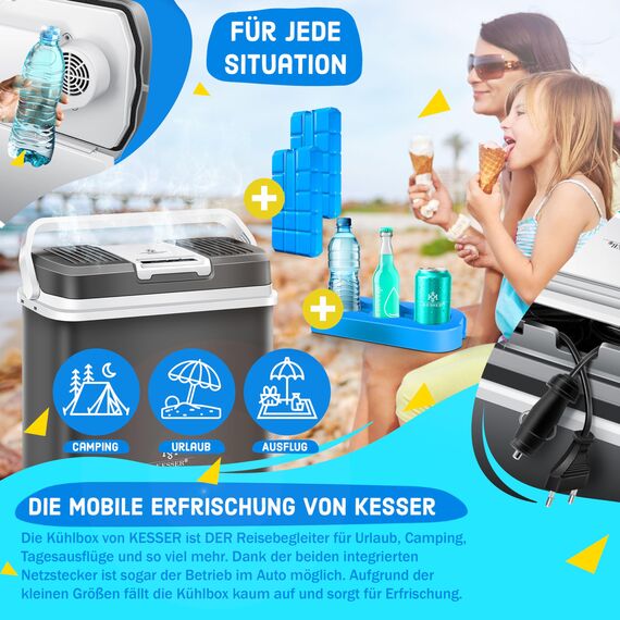 KESSER® 24 Liter Kühlbox | KÜHLT und WÄRMT | Thermo-Elektrische Kühlbox | inklusive 2X Kühlakku & Getränkehalter | 12 Volt und 230 Volt | Mini-Kühlschrank | für Auto und Camping | EEK E | Anthrazit