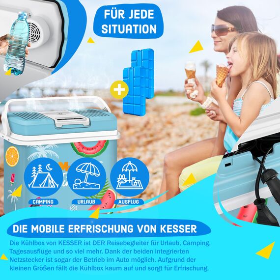 KESSER® 24 Liter Kühlbox | KÜHLT und WÄRMT | Thermo-Elektrische Kühlbox inklusive 2X Kühlakku 12 Volt und 230 Volt | Mini-Kühlschrank | für Auto und Camping | EEK E | Bunt