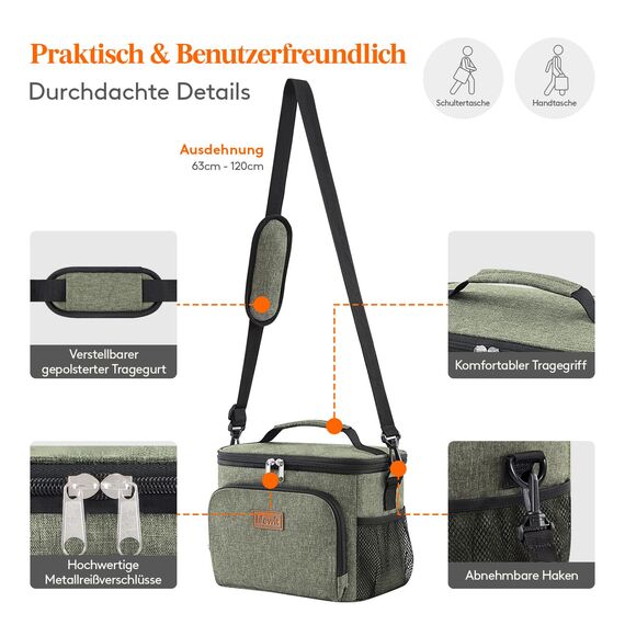 Lifewit Isolierte Kühltasche, Wiederverwendbare Lunchtasche, Tragbare Kühlbox auslaufsicher, Tragetasche mit verstellbarem Schulterriemen für Erwachsene für Arbeit/Picknick, Dunkelgrün, 9L 12 Dosen