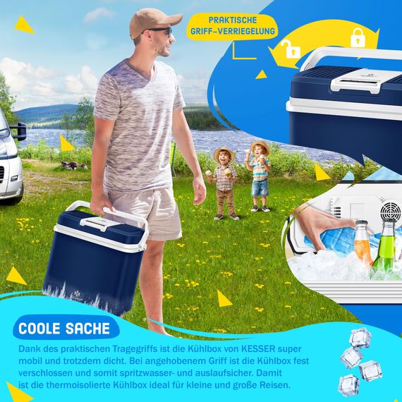 KESSER® 24 Liter Kühlbox | KÜHLT und WÄRMT | Thermo-Elektrische Kühlbox | inklusive 2X Kühlakku & Getränkehalter | 12 Volt und 230 Volt | Mini-Kühlschrank | für Auto und Camping | EEK E | Navyblau