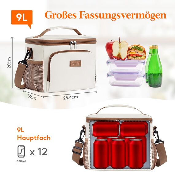 Lifewit Isolierte Kühltasche, Wiederverwendbare Lunchtasche, Tragbare Kühlbox auslaufsicher, Tragetasche mit verstellbarem Schulterriemen für Erwachsene für Arbeit/Picknick, Creme, 9L 12 Dosen