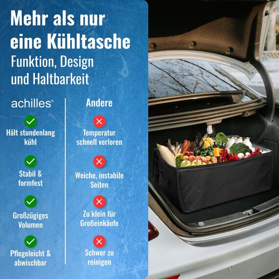 achilles Große Kühltasche, Thermotasche, Faltbare Kühlbox, Liefertasche zum warmhalten von Essen, Tasche mit Kühlfunktion, 57x37x25cm (Schwarz)