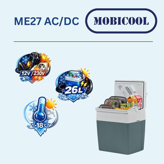 Mobicool ME27 elektrische Kühlbox 26L – 12V und 230V – Tragbare Camping Kühlbox für Auto, Wohnmobil, LKW und Outdoor Reisen – Zuverlässige Kühlung für unterwegs – Blau