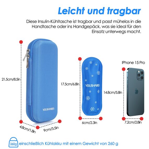 YOUSHARES Insulin Kühltasche mit 2 Kühlakkus, TSA Diabetiker Tasche für Insulin Pen, Epipen, Spritzen und andere Diabetiker Zubehör, Kleine Medikamenten Kühlbox für Reisen (Blau)