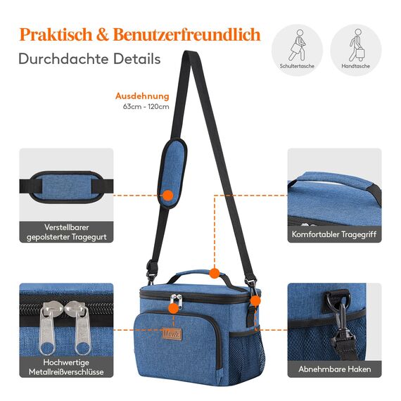 Lifewit Isolierte Kühltasche, Wiederverwendbare Lunchtasche, Tragbare Kühlbox auslaufsicher, Tragetasche mit verstellbarem Schulterriemen für Erwachsene für Arbeit/Picknick, Dunkelblau, 9L 12 Dosen