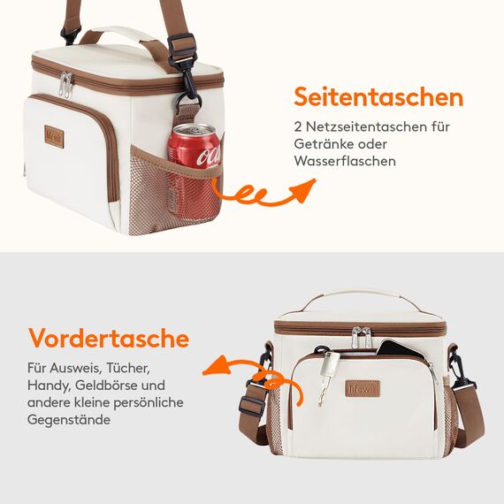Lifewit Isolierte Kühltasche, Wiederverwendbare Lunchtasche, Tragbare Kühlbox auslaufsicher, Tragetasche mit verstellbarem Schulterriemen für Erwachsene für Arbeit/Picknick, Creme, 9L 12 Dosen