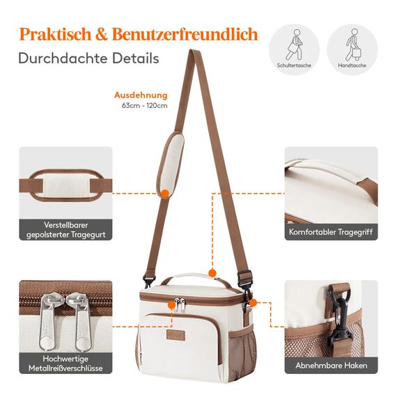 Lifewit Isolierte Kühltasche, Wiederverwendbare Lunchtasche, Tragbare Kühlbox auslaufsicher, Tragetasche mit verstellbarem Schulterriemen für Erwachsene für Arbeit/Picknick, Creme, 9L 12 Dosen