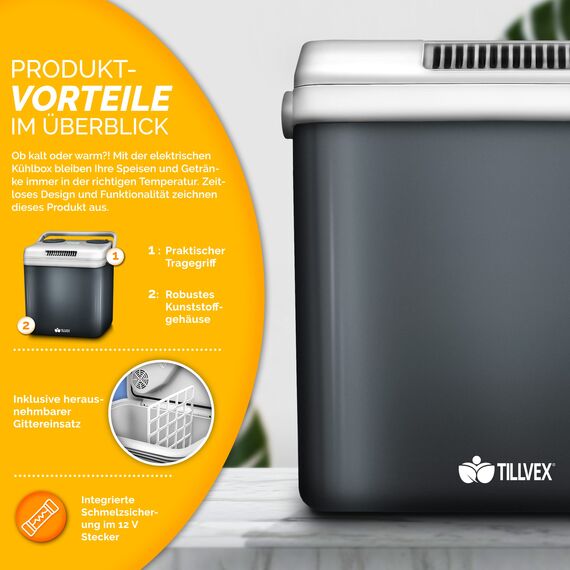 tillvex Kühlbox elektrisch 32L | Mini-Kühlschrank 230 V und 12 V für KFZ Auto Camping | kühlt & wärmt | ECO-Modus (Grau)
