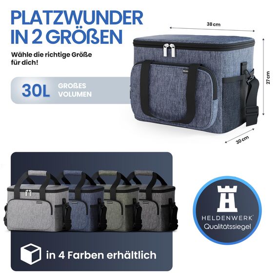 HELDENWERK® Kühltasche groß faltbar – 12h Kühlleistung – Thermotasche auslaufsicher & wasserdicht – Kühlbox, Picknicktasche, Lunchtasche, Isoliertasche mit 6 Fächern & verstärktem Boden