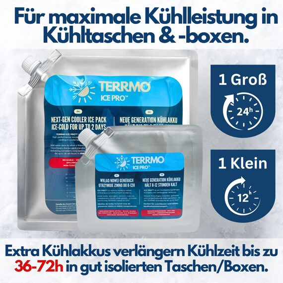 TERRMO Ice PRO™ Premium Groß Kühlakku für Kühltasche, Kühlbox, Kühlrucksack | Lange Kühldauer bis zu 48-72h | Wiederverwendbar, Hochleistungsfähig | Kühlelemente XL | 830ml/900g, 25x25cm (4er Pack)