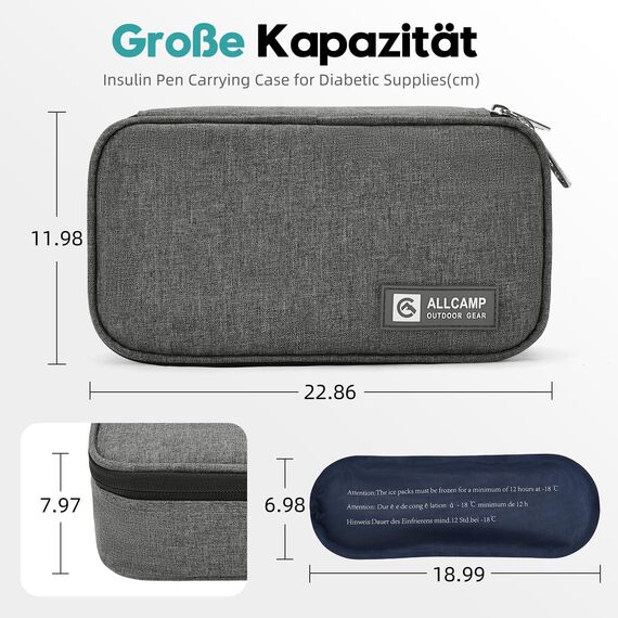 ALLCAMP Insulin Kühltasche Kühlbox für Tragbarer Organizer Diabetiker Medikamente mit 4 Eisbeuteln, Isolierfutter und Stiftaufbewahrung Grau