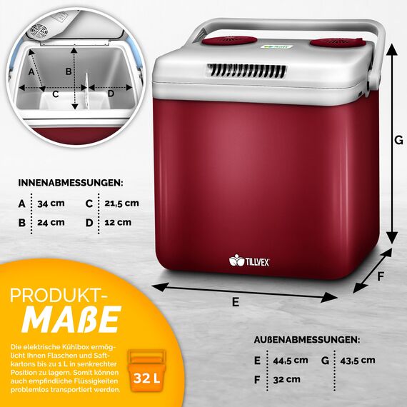 tillvex Kühlbox elektrisch 32L | Mini-Kühlschrank 230 V und 12 V für KFZ Auto Camping | kühlt & wärmt | ECO-Modus (Rot)