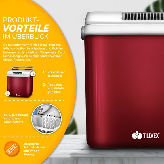 tillvex Kühlbox elektrisch 32L | Mini-Kühlschrank 230 V und 12 V für KFZ Auto Camping | kühlt & wärmt | ECO-Modus (Rot)