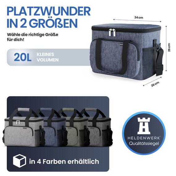 HELDENWERK® Kühltasche groß faltbar – 12h Kühlleistung – Thermotasche auslaufsicher & wasserdicht – Kühlbox, Picknicktasche, Lunchtasche, Isoliertasche mit 6 Fächern & verstärktem Boden