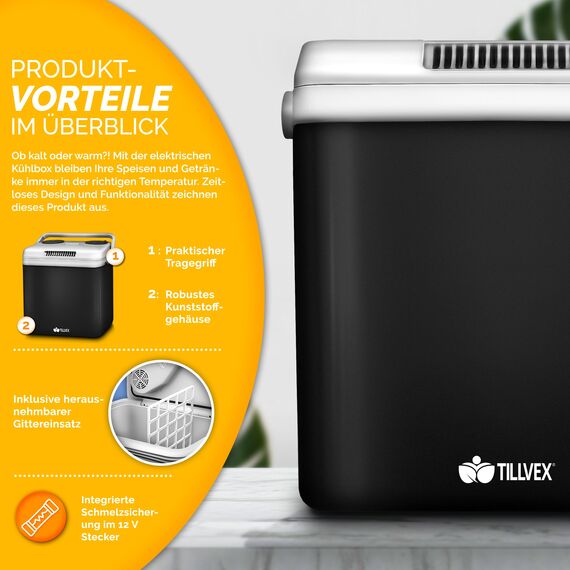 tillvex Kühlbox elektrisch 32L | Mini-Kühlschrank 230 V und 12 V für KFZ Auto Camping | kühlt & wärmt | ECO-Modus (Anthrazit)