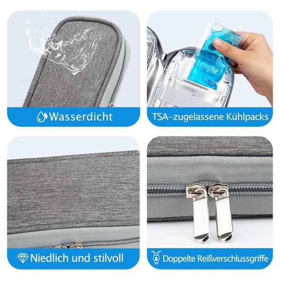 YOUSHARES Insulin Kühltasche mit 2 Kühlakku - TSA Diabetiker Tasche für Diabetikerzubehör, Epipen, Spritzen, Insulin und andere Medikamente Zubehör, Medikamententasche Pen Kühlbox auf Reisen (Grau)