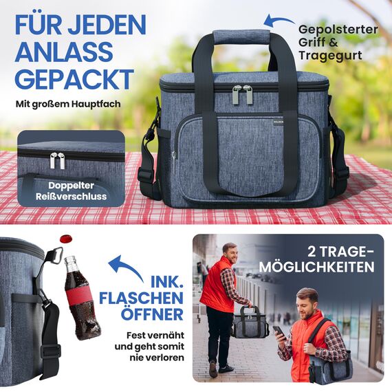 HELDENWERK® Kühltasche groß faltbar – 12h Kühlleistung – Thermotasche auslaufsicher & wasserdicht – Kühlbox, Picknicktasche, Lunchtasche, Isoliertasche mit 6 Fächern & verstärktem Boden
