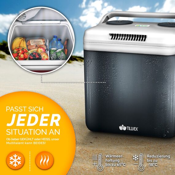 tillvex Kühlbox elektrisch 32L | Mini-Kühlschrank 230 V und 12 V für KFZ Auto Camping | kühlt & wärmt | ECO-Modus (Grau)