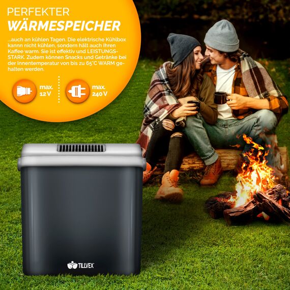 tillvex Kühlbox elektrisch 32L | Mini-Kühlschrank 230 V und 12 V für KFZ Auto Camping | kühlt & wärmt | ECO-Modus (Grau)