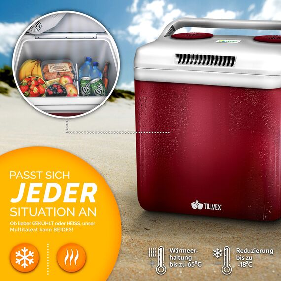 tillvex Kühlbox elektrisch 32L | Mini-Kühlschrank 230 V und 12 V für KFZ Auto Camping | kühlt & wärmt | ECO-Modus (Rot)
