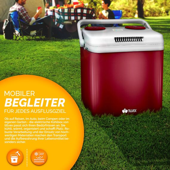 tillvex Kühlbox elektrisch 32L | Mini-Kühlschrank 230 V und 12 V für KFZ Auto Camping | kühlt & wärmt | ECO-Modus (Rot)