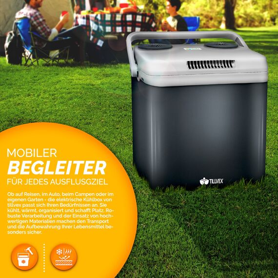 tillvex Kühlbox elektrisch 32L | Mini-Kühlschrank 230 V und 12 V für KFZ Auto Camping | kühlt & wärmt | ECO-Modus (Grau)
