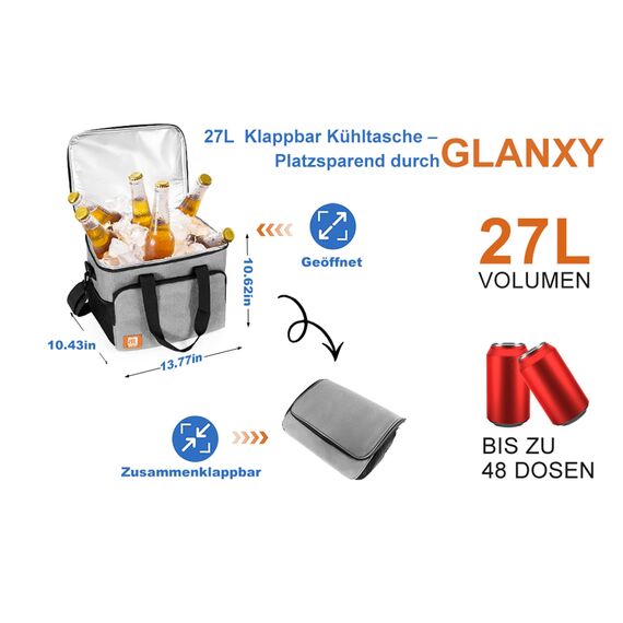 Kühltasche groß 27L | GLANXY Picknicktasche Gross Faltbar, Eistasche, Lunchtasche | Thermotasche | Kühlbox | Warmhaltetasche | Camping/BBQ/Büro/Picknick/Arbeit | Wasserdicht & Auslaufsicher