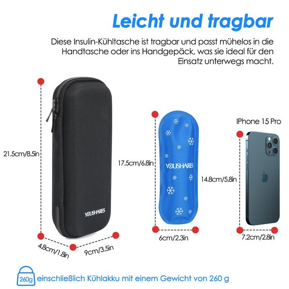 YOUSHARES Insulin Kühltasche mit 2 Kühlakkus, TSA Diabetiker Tasche für Insulin Pen, Epipen, Spritzen und andere Diabetiker Zubehör, Kleine Medikamenten Kühlbox für Reisen (Schwarz)