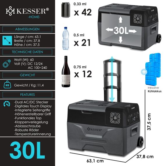 KESSER® Kompressor Kühlbox auto elektrisch 30L, Camping Kühlbox 12/24/230V mit APP-Steuerung, Gefrierbox bis –20 °C, Kühlbox mit Rädern & Teleskopgriff für Camping, Wohnmobil, LKW & Boot + 2 Kühlakkus
