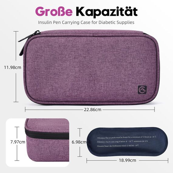 ALLCAMP Insulin Kühltasche Kühlbox für Tragbarer Organizer Diabetiker Medikamente mit 4 Eisbeuteln, Isolierfutter und Stiftaufbewahrung Violett