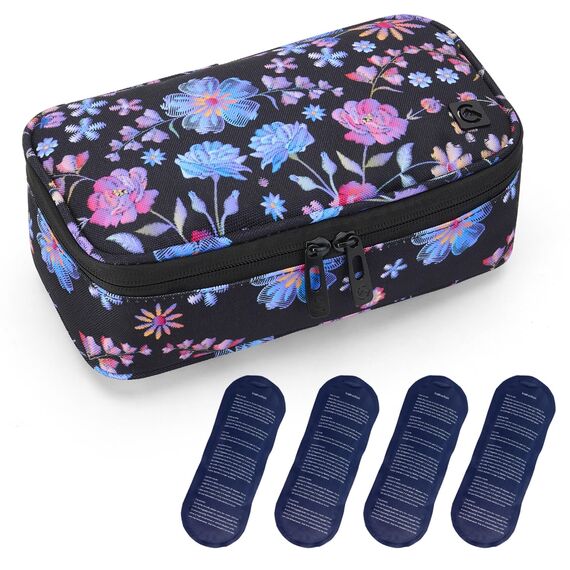 ALLCAMP Insulin Kühltasche Kühlbox für Tragbarer Organizer Diabetiker Medikamente mit 4 Eisbeuteln, Isolierfutter und Stiftaufbewahrung Blumenmuster