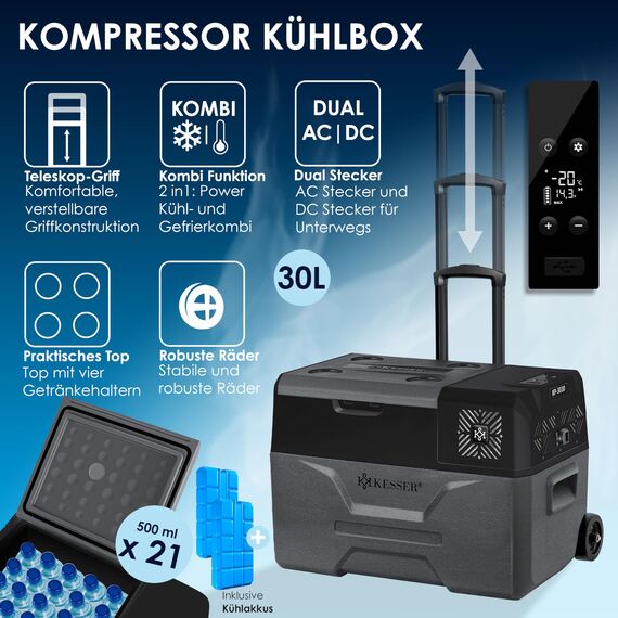 KESSER® Kompressor Kühlbox auto elektrisch 30L, Camping Kühlbox 12/24/230V mit APP-Steuerung, Gefrierbox bis –20 °C, Kühlbox mit Rädern & Teleskopgriff für Camping, Wohnmobil, LKW & Boot + 2 Kühlakkus