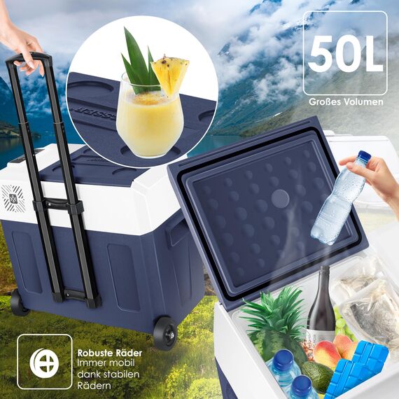 KESSER® Kompressor Kühlbox auto elektrisch 50L, Camping Kühlbox 12/24/230V mit APP-Steuerung, Gefrierbox bis –20 °C, Kühlbox mit Rädern & Teleskopgriff für Camping, Wohnmobil, LKW & Boot + 2 Kühlakkus