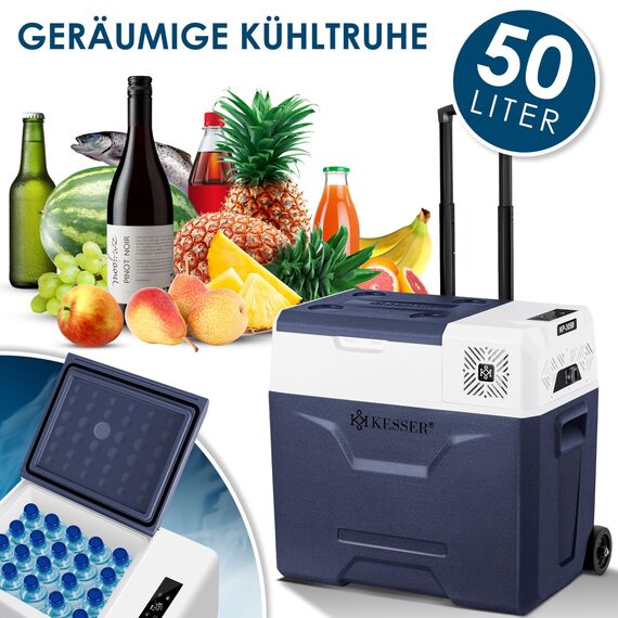 KESSER® Kompressor Kühlbox auto elektrisch 50L, Camping Kühlbox 12/24/230V mit APP-Steuerung, Gefrierbox bis –20 °C, Kühlbox mit Rädern & Teleskopgriff für Camping, Wohnmobil, LKW & Boot + 2 Kühlakkus