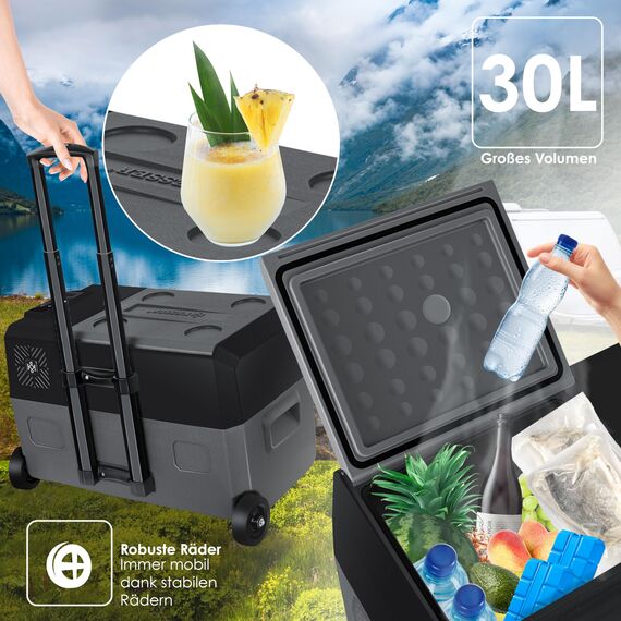 KESSER® Kompressor Kühlbox auto elektrisch 30L, Camping Kühlbox 12/24/230V mit APP-Steuerung, Gefrierbox bis –20 °C, Kühlbox mit Rädern & Teleskopgriff für Camping, Wohnmobil, LKW & Boot + 2 Kühlakkus