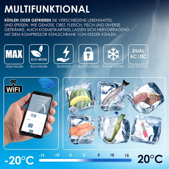 KESSER® Kompressor Kühlbox auto elektrisch 30L, Camping Kühlbox 12/24/230V mit APP-Steuerung, Gefrierbox bis –20 °C, Kühlbox mit Rädern & Teleskopgriff für Camping, Wohnmobil, LKW & Boot + 2 Kühlakkus