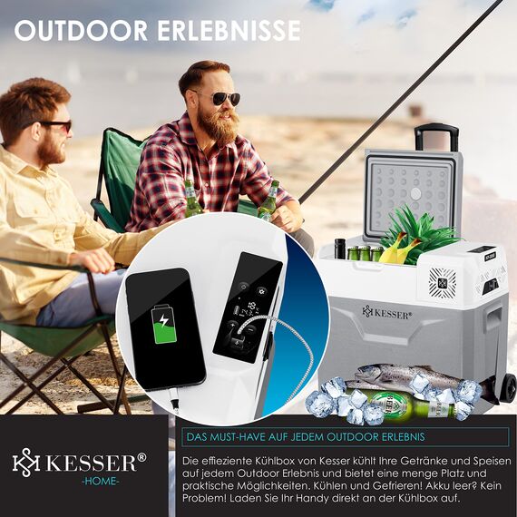 KESSER® Kompressor Kühlbox elektrisch Gefrierbox, 50 Liter Mit APP-Steuerung USB-Anschluss 12/24 V 230V, +Teleskopstange, 2x Kühlakkus Räder Kühlschrank Kühlung bis -20 °C für Auto, Lkw, Boot