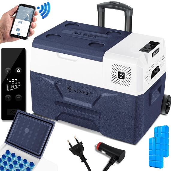 KESSER® Kompressor Kühlbox auto elektrisch 30L, Camping Kühlbox 12/24/230V mit APP-Steuerung, Gefrierbox bis –20 °C, Kühlbox mit Rädern & Teleskopgriff für Camping, Wohnmobil, LKW & Boot + 2 Kühlakkus