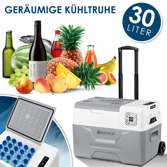 KESSER® Kompressor Kühlbox elektrisch Gefrierbox, 30 Liter Mit APP-Steuerung USB-Anschluss 12/24 V 230V, +Teleskopstange, 2x Kühlakkus Räder Kühlschrank Kühlung bis -20 °C für Auto, Lkw, Boot