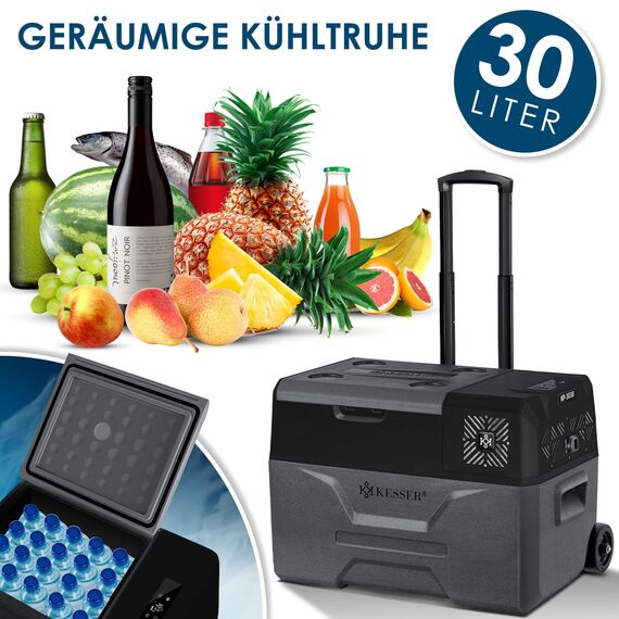 KESSER® Kompressor Kühlbox auto elektrisch 30L, Camping Kühlbox 12/24/230V mit APP-Steuerung, Gefrierbox bis –20 °C, Kühlbox mit Rädern & Teleskopgriff für Camping, Wohnmobil, LKW & Boot + 2 Kühlakkus