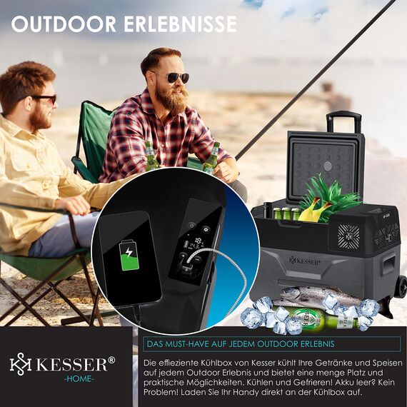 KESSER® Kompressor Kühlbox auto elektrisch 30L, Camping Kühlbox 12/24/230V mit APP-Steuerung, Gefrierbox bis –20 °C, Kühlbox mit Rädern & Teleskopgriff für Camping, Wohnmobil, LKW & Boot + 2 Kühlakkus
