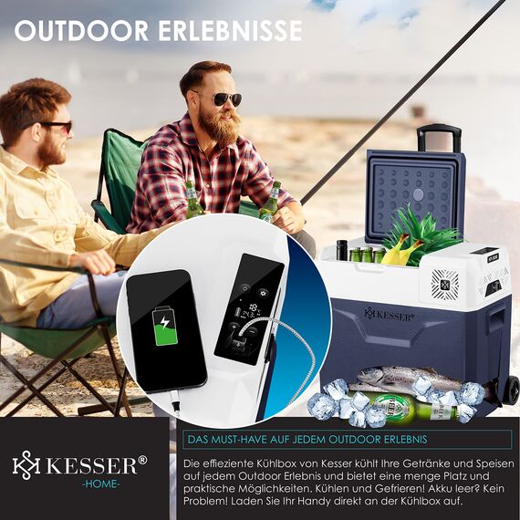 KESSER® Kompressor Kühlbox auto elektrisch 50L, Camping Kühlbox 12/24/230V mit APP-Steuerung, Gefrierbox bis –20 °C, Kühlbox mit Rädern & Teleskopgriff für Camping, Wohnmobil, LKW & Boot + 2 Kühlakkus