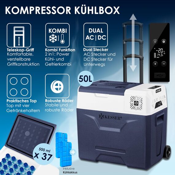 KESSER® Kompressor Kühlbox auto elektrisch 50L, Camping Kühlbox 12/24/230V mit APP-Steuerung, Gefrierbox bis –20 °C, Kühlbox mit Rädern & Teleskopgriff für Camping, Wohnmobil, LKW & Boot + 2 Kühlakkus