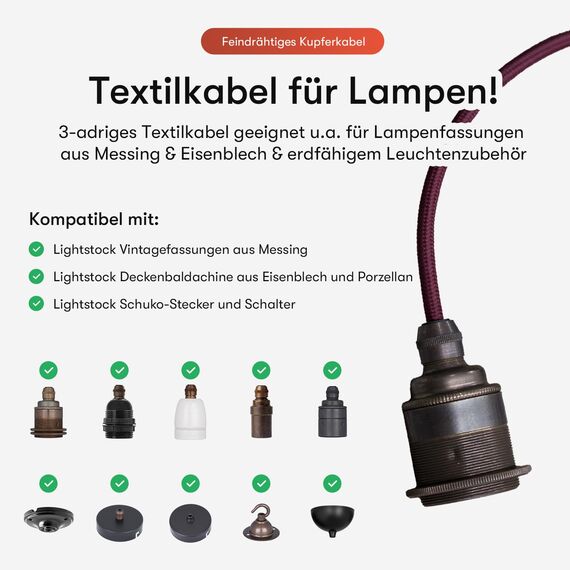 Textilkabel für Lampe, Stoffkabel 3-adrig (3x0,75mm²), Schwarz - 5 Meter