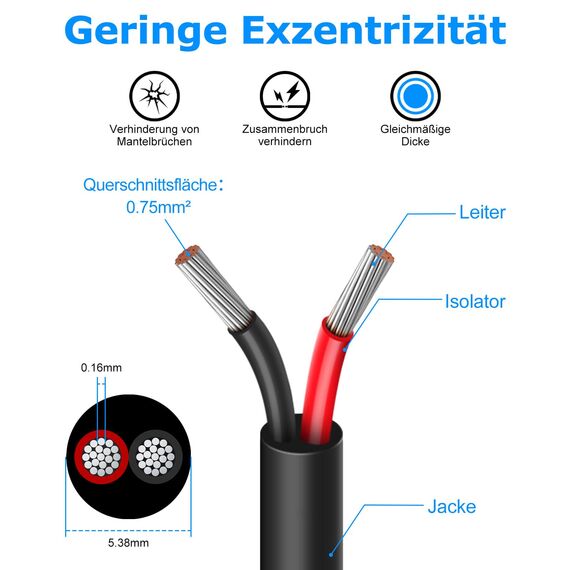 10 Meter 18AWG 2x0,75mm² Elektrischer Draht, 2 Adrig Kabel 5V/12V/24V Stromkabel Verzinntes Kupferkabel，Flexibel und Weich Niedrige Impedanz Hohe Temperaturbeständigkeit Verlängerungskabel