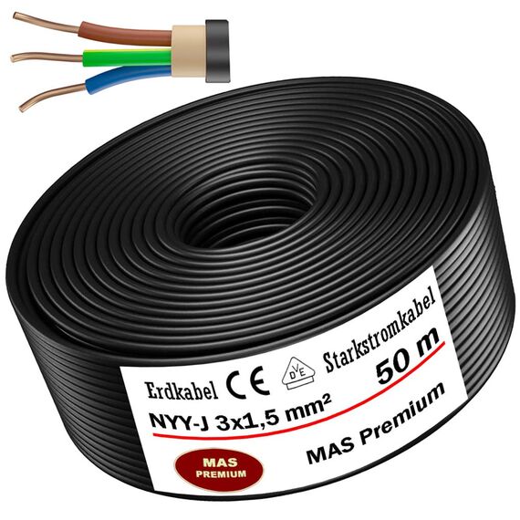 MAS Premium Erdkabel Starkstromkabel Von 5m bis 170m NYY-J 3x1,5 mm² Elektrokabel Ring zur Verlegung im Freien, Erdreich (50m)